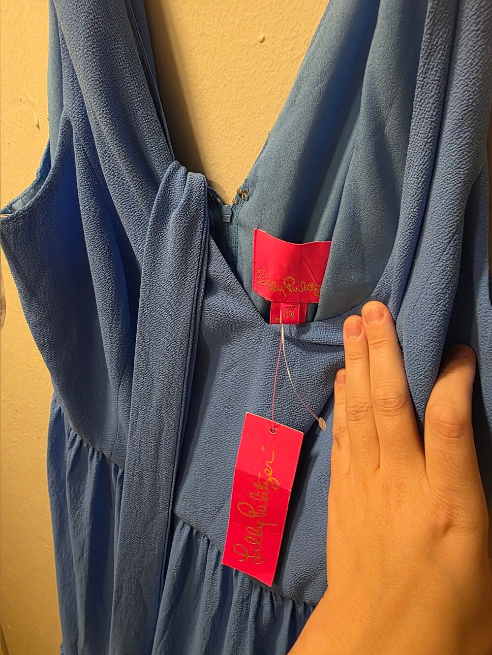 Lilly Pulitzer Maurine Maxi Dress Blue Thistle Halter Tiered V-Neck Slit Size 14 - Picture 4 of 7